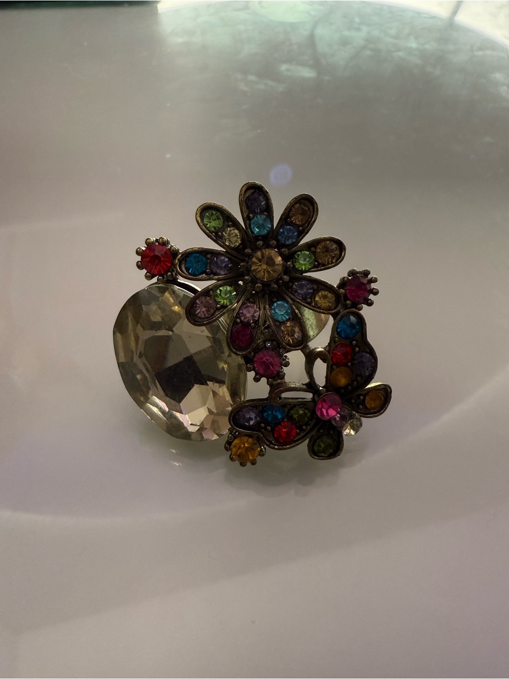 Multicolor Crystal Flower & Heart Statement Brooch